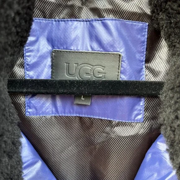 UGG Cobalt Blue Puffer Vest with Black Shearling Collar - Women's L